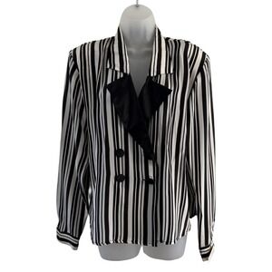 Vintage Flora Kung Shirt Womens 12 Black‎ White Silk Stripe Double Breasted 80s